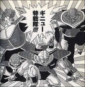 The Ginyu Force parodying the fight poses of Super Sentai (Power Rangers in the United States).